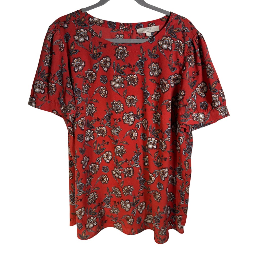 LOFT Plus Womens 16 Burnt Orange Floral Button Back Short Sleeve Blouse Top